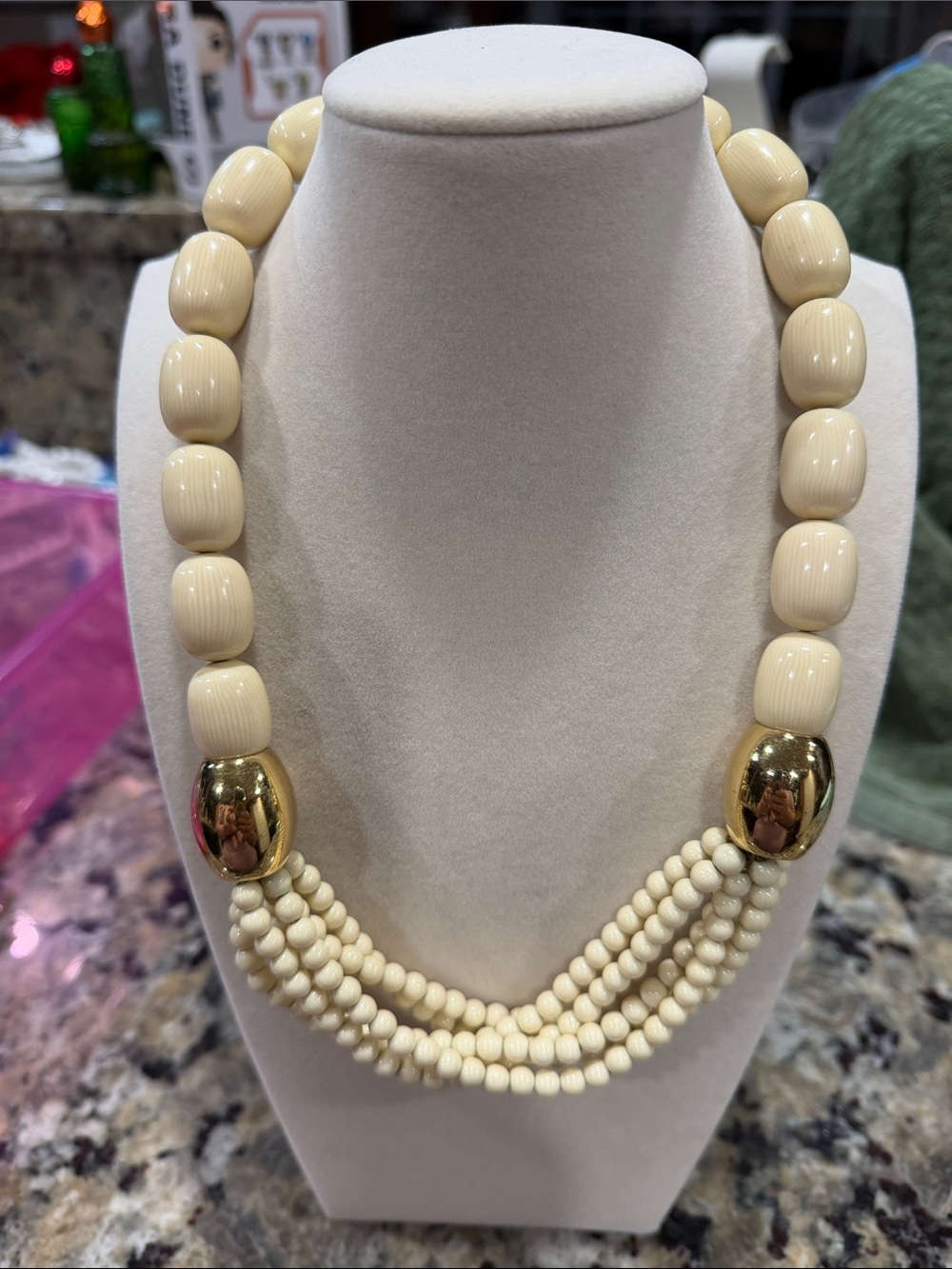 Napier Cream Beaded Multi-Strand Necklace with Gold tone Accents